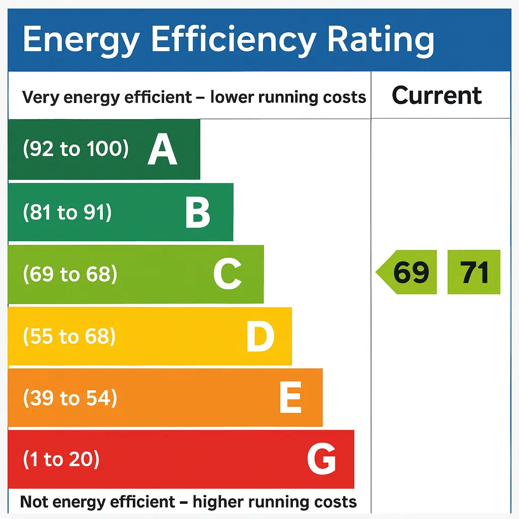 EPC rating chart for UK homes - Energy Performance Certificate scale from A (most efficient) to G (least efficient) - Required for free boiler grant eligibility and ECO4 scheme.